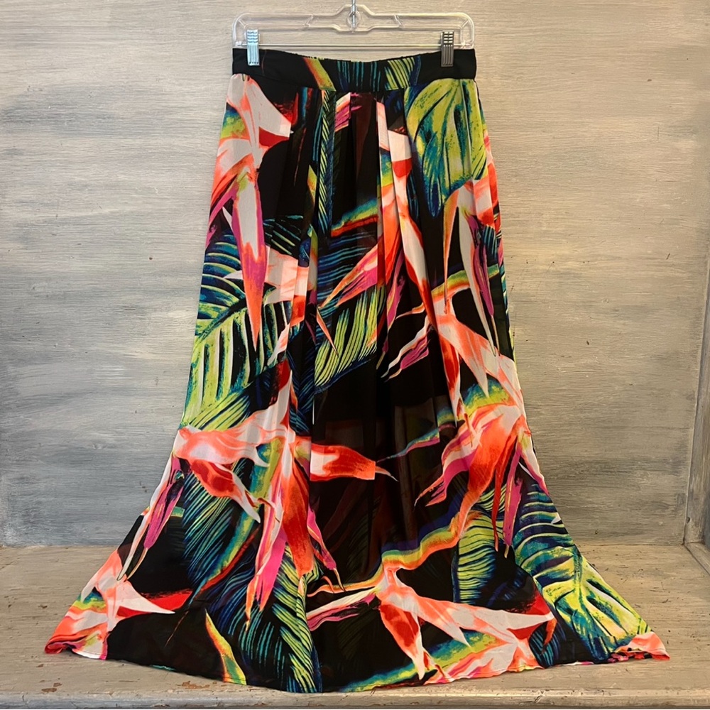 Worthington Sheer Florescent Color Tropical Leaf Print FullLength Skirt Small LN